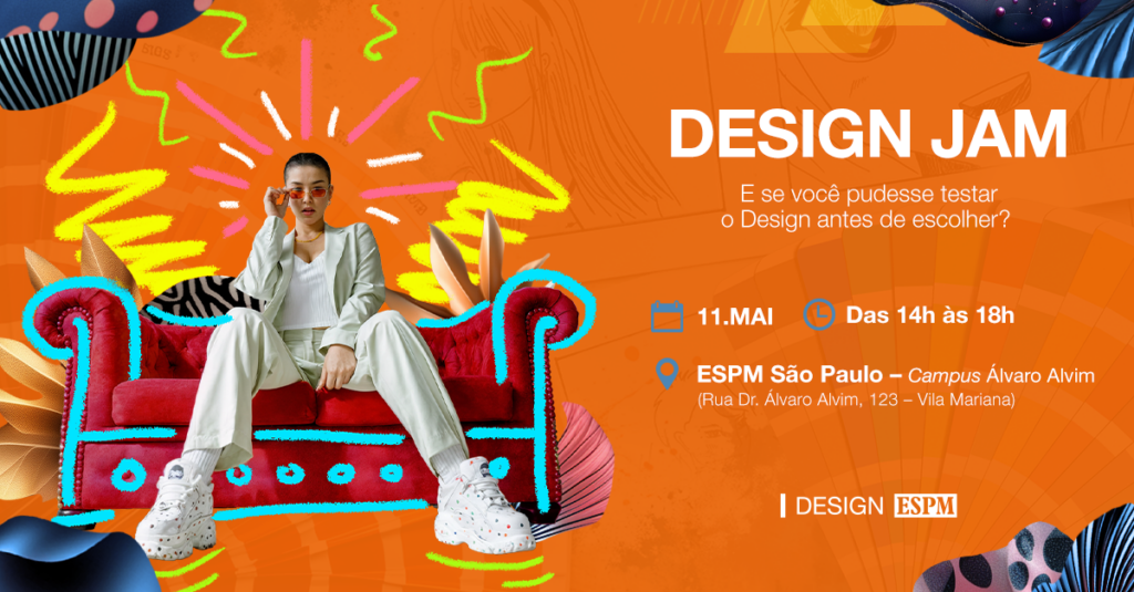 cartaz ilustrativo do evento com uma imagem cheia de grafismos e uma pesoa ao telefone num sofá